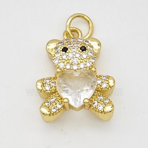 Copper Bear Pendant Micropave Zirconia Clear Crystal Glass Gold Plated