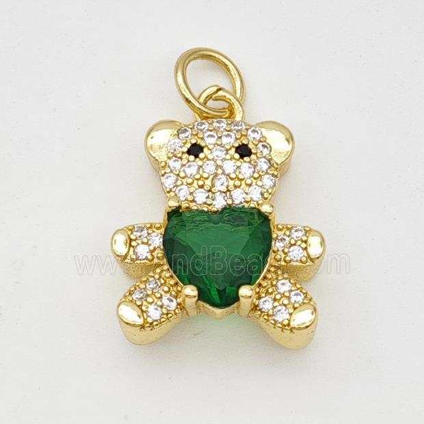 Copper Bear Pendant Micropave Zirconia Green Crystal Glass Gold Plated
