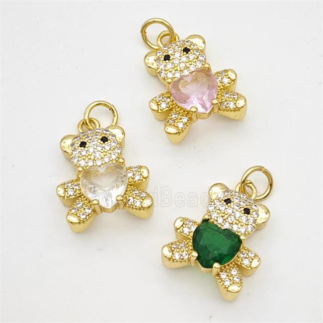 Copper Bear Pendant Micropave Zirconia Crystal Glass Gold Plated Mixed