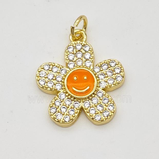 Copper Sunflower Pendant Pave Zirconia Orange Enamel Smileface Gold Plated