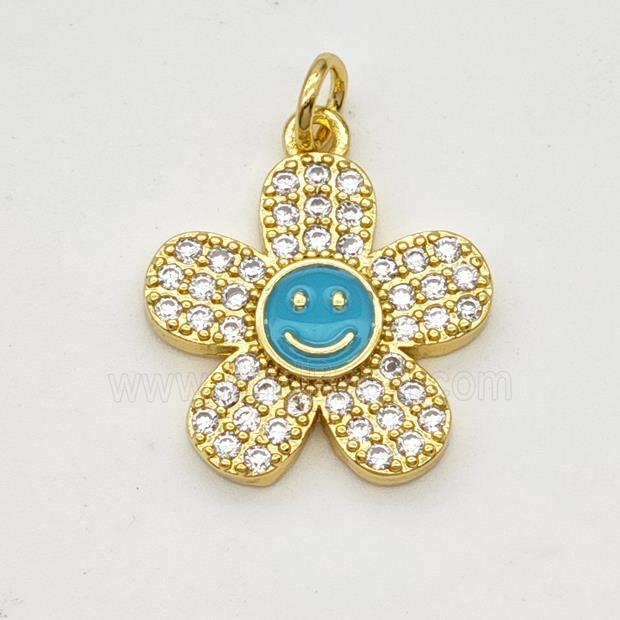 Copper Sunflower Pendant Pave Zirconia Teal Enamel Smileface Gold Plated