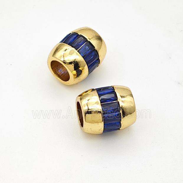 Copper Barrel Beads Micropave Blue Zirconia Large Hole Gold Plated