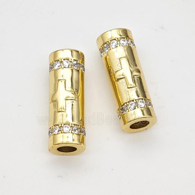 Copper Tube Beads Pave Zirconia Large Hole Gold Plated