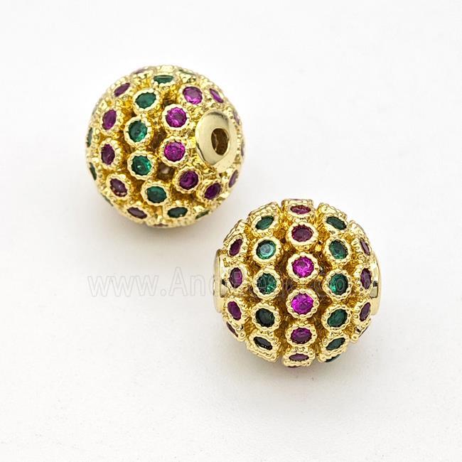 Copper Round Beads Micropave Multicolor Zirconia Hollow Gold Plated