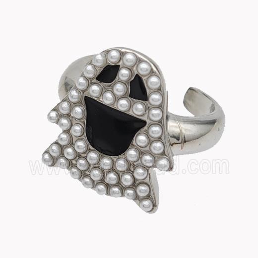 Halloween Ghost Charms Copper Rings Pave Pearlized Resin Black Enamel Platinum Plated