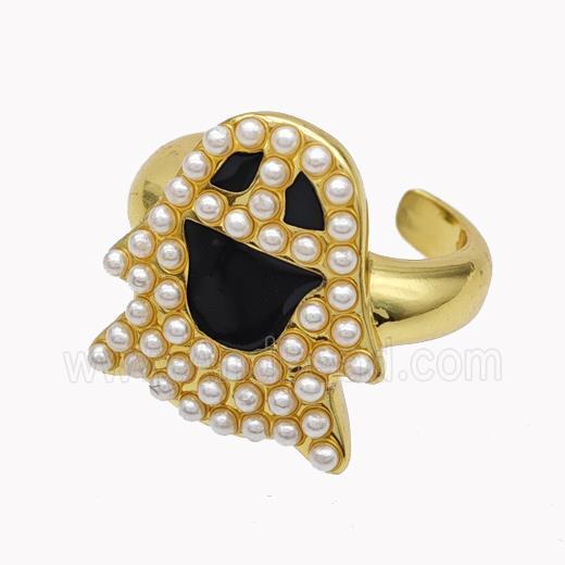 Halloween Ghost Charms Copper Rings Pave Pearlized Resin Black Enamel Gold Plated