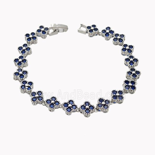 Copper Clover Bracelet Pave Blue Zirconia Platinum Plated