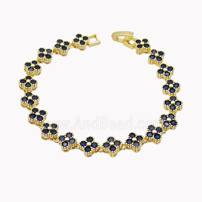Copper Clover Bracelet Pave Blue Zirconia Gold Plated