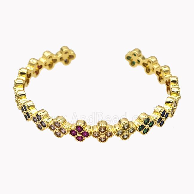 Copper Clover Bangle Pave Multicolor Zirconia Gold Plated