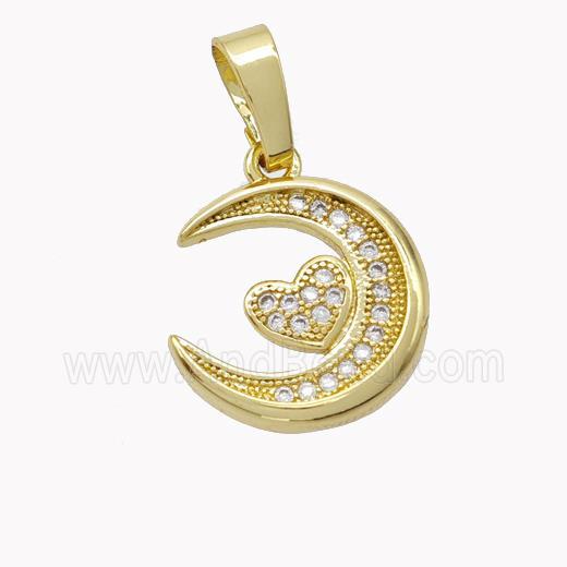 Copper Moon Pendant Micropave Zirconia Heart Gold Plated