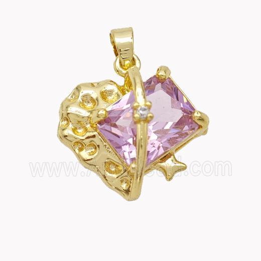 Copper Heart Pendant Pave Pink Crystal Glass Gold Plated