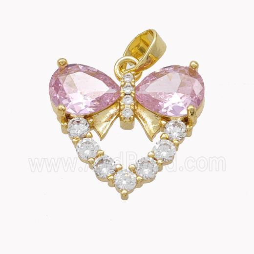 Copper Heart Pendant Pave Pink Crystal Glass Gold Plated