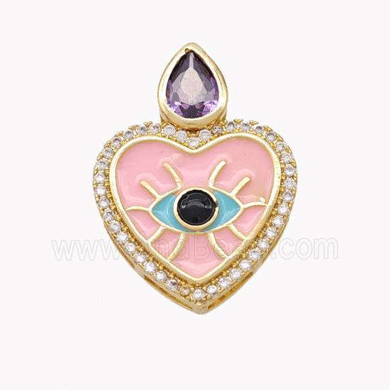 Copper Heart Pendant Pave Zirconia Pink Enamel Gold Plated