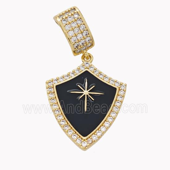 Copper Shield Pendant Pave Zirconia Black Enamel Star Gold Plated