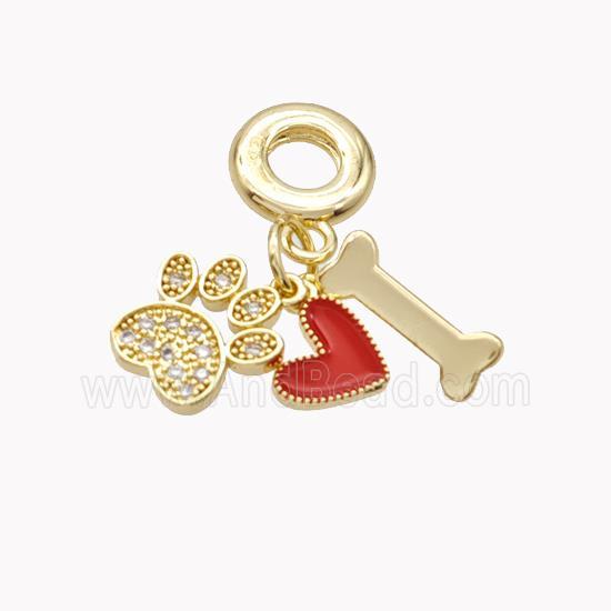Copper Paws Heart Dogbone Pendant Pave Zirconia Red Enamel Gold Plated