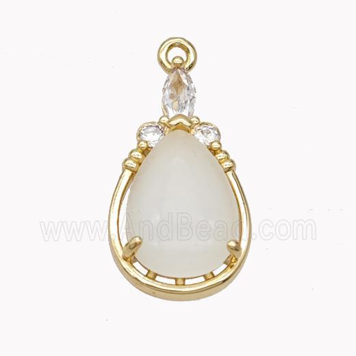 Copper Teardrop Pendant Pave White Cateye Glass Gold Plated