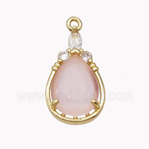 Copper Teardrop Pendant Pave Pink Cateye Glass Gold Plated