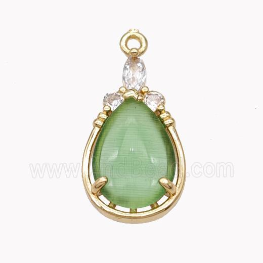 Copper Teardrop Pendant Pave Green Cateye Glass Gold Plated