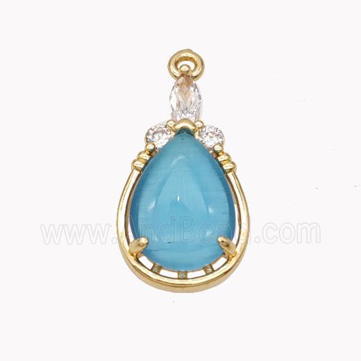 Copper Teardrop Pendant Pave Blue Cateye Glass Gold Plated