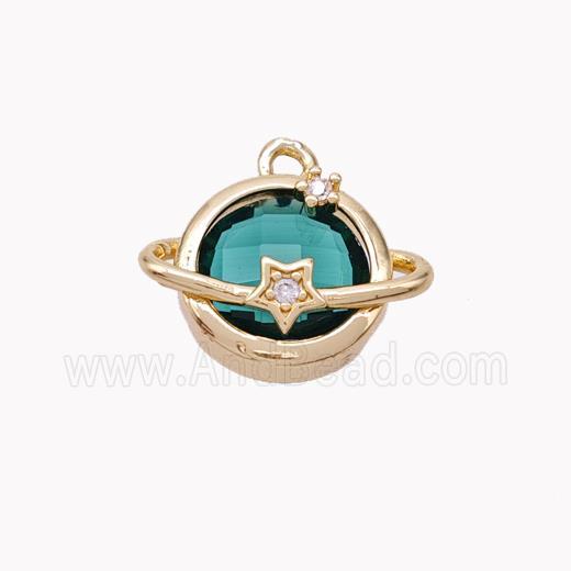 Copper Planet Pendant Pave Peacock Green Crystal Glass Gold Plated