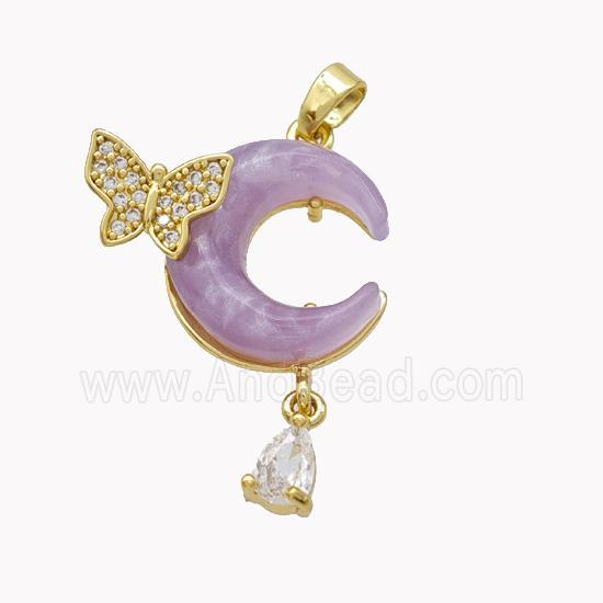 Copper Moon Pendant Pave Purple Acrylic Butterfly Gold Plated