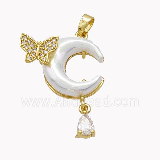 Copper Moon Pendant Pave White Acrylic Butterfly Gold Plated