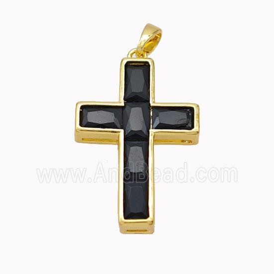 Copper Cross Pendant Pave Black Crystal Glass Gold Plated