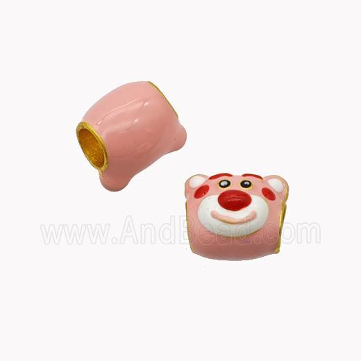 Copper Bear Beads Pink Enamel Large Hole Cartoon Gold Plated