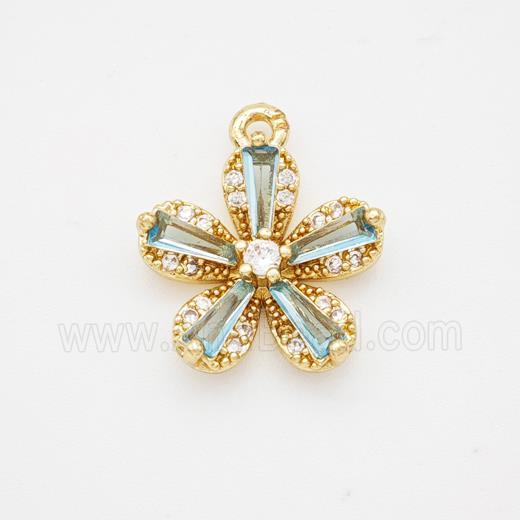 Copper Flower Pendant Pave Blue Crystal Glass Zirconia Gold Plated