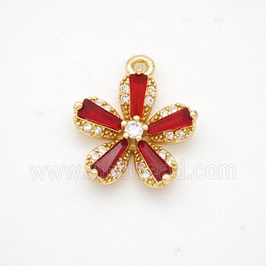 Copper Flower Pendant Pave Red Crystal Glass Zirconia Gold Plated