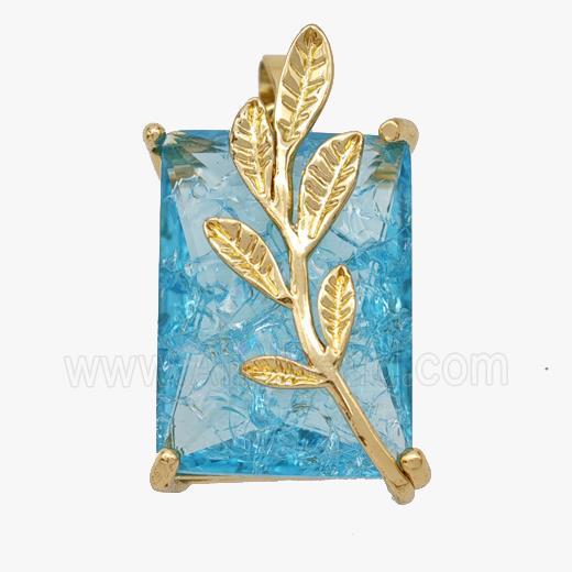 Copper Leaf Pendant Pave Blue Crystal Glass Rectangle Gold Plated