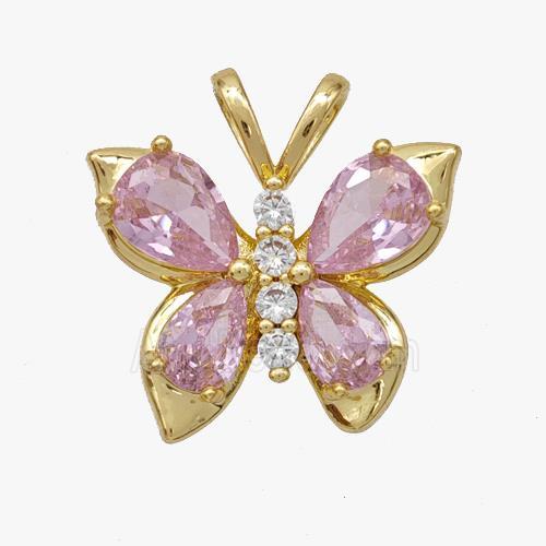 Copper Butterfly Pendant Pave Pink Crystal Glass Gold Plated