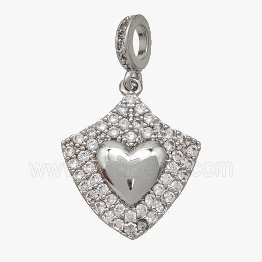 Copper Shield Pendant Pave Zirconia Heart Platinum Plated