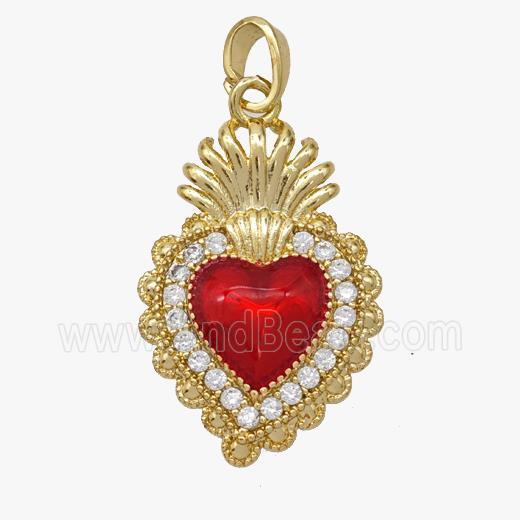 Copper Heart Pendant Pave Zirconia Red Painted Gold Plated