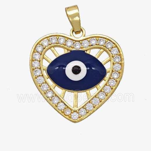 Copper Heart Evil Eye Pendant Pave Zirconia Blue Enamel Gold Plated