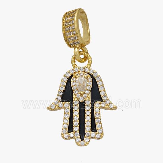 Copper Hamsa Hand Pendant Pave Zirconia Black Enamel Gold Plated