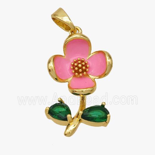 Copper Flower Pendant Pave Crystal Glass Pink Enamel Gold Plated