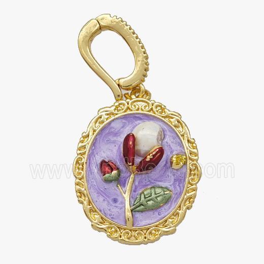 Copper Flower Pendant Pave Pearl Purple Painted Gold Plated