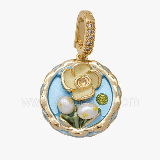 Copper Flower Pendant Pave Pearl Painted Gold Plated