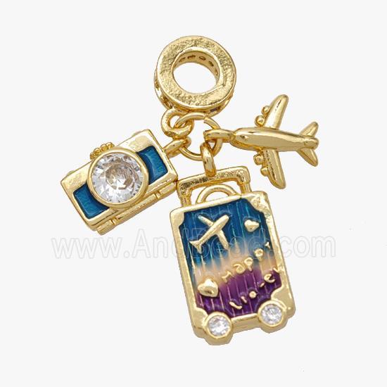 Copper Airplane Travel Box Camera Pendant Pave Zirconia Painted Gold Plated