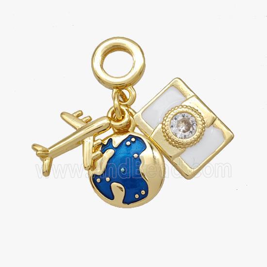Copper Airplane Camera Earth Pendant Pave Zirconia Painted Gold Plated