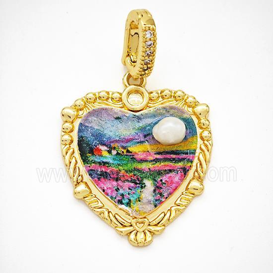 Picture Of Landscape Charms Copper Heart Pendant Pave Pearlized Resin Painted Gold Plated