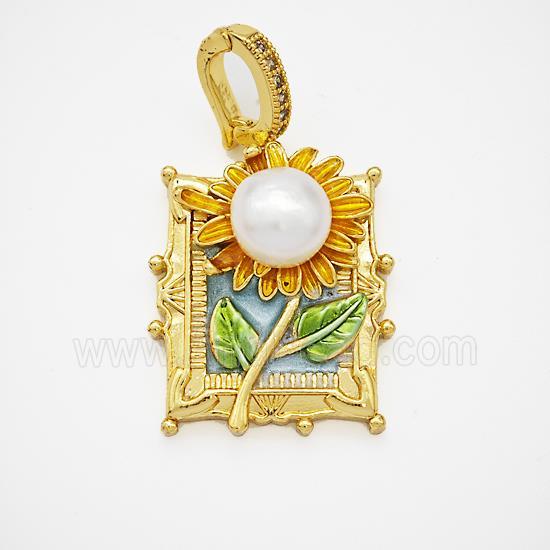 Copper Flower Pendant Pave Pearlized Resin Painted Gold Plated