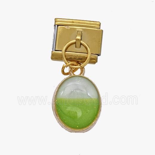 Stainless Steel Element For Module Bracelet With Copper Oval Green Painted Gold Plated