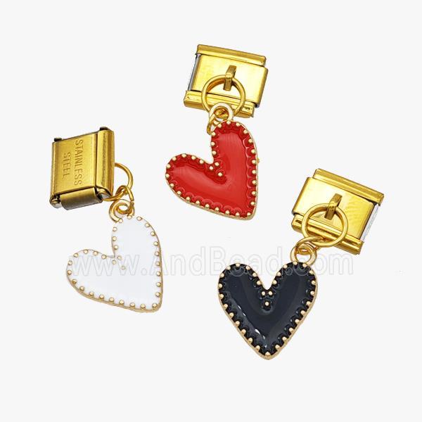 Stainless Steel Element For Module Bracelet With Copper Heart Pendant Enamel Gold Plated Mixed