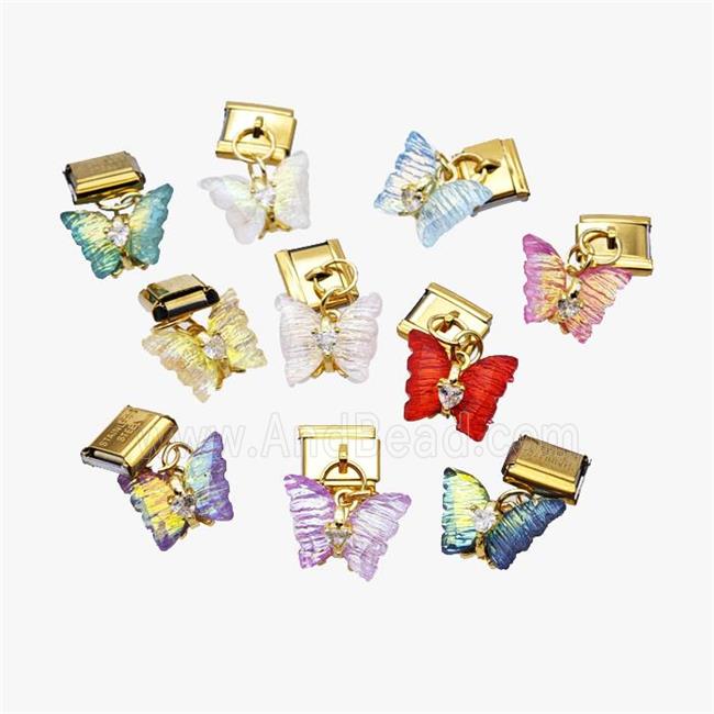 Stainless Steel Element For Module Bracelet With Acrylic Butterfly Pendant Gold Plated Mix