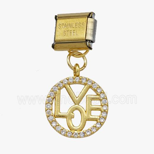 Stainless Steel Element For Module Bracelet With Copper LOVE Pendant Pave Zirconia Gold Plated
