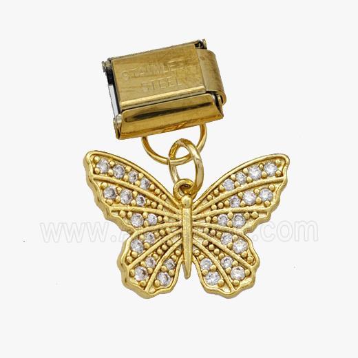 Stainless Steel Element For Module Bracelet With Copper Butterfly Pendant Pave Zirconia Gold Plated