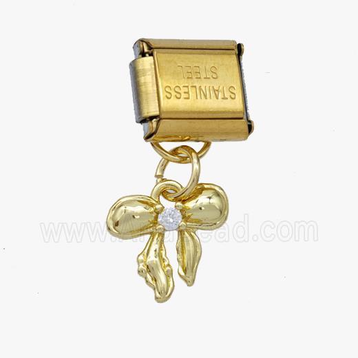 Stainless Steel Element For Module Bracelet With Copper Bow Pendant Pave Zirconia Gold Plated