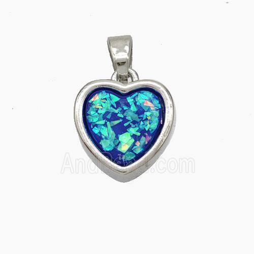Copper Heart Pendant Pave Blue Fire Opal Platinum Plated